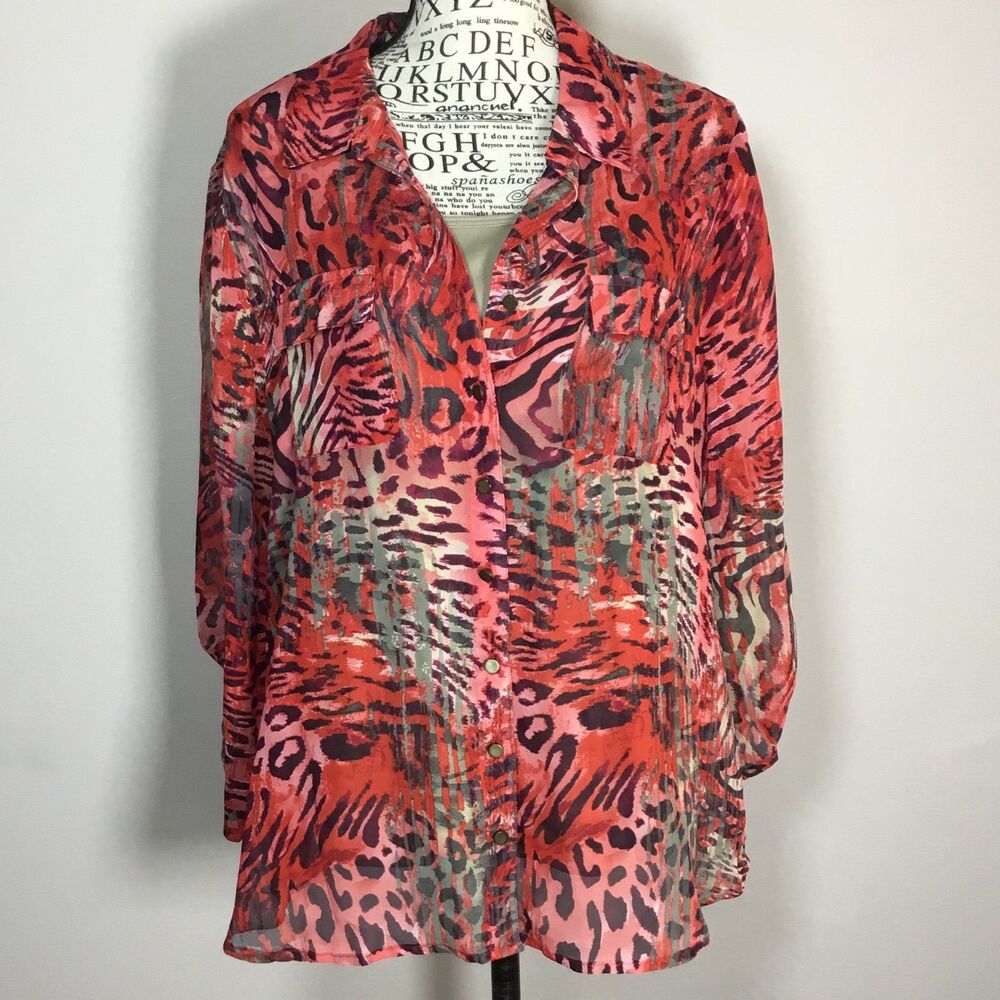 Animal print blouse with cami sheer red green leopard print and tan PXL
